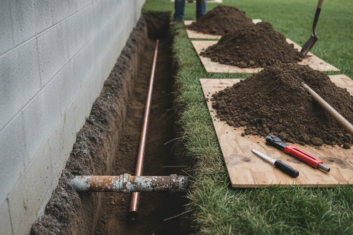 Excavated water line trench during Water Softener Installation in Straughn